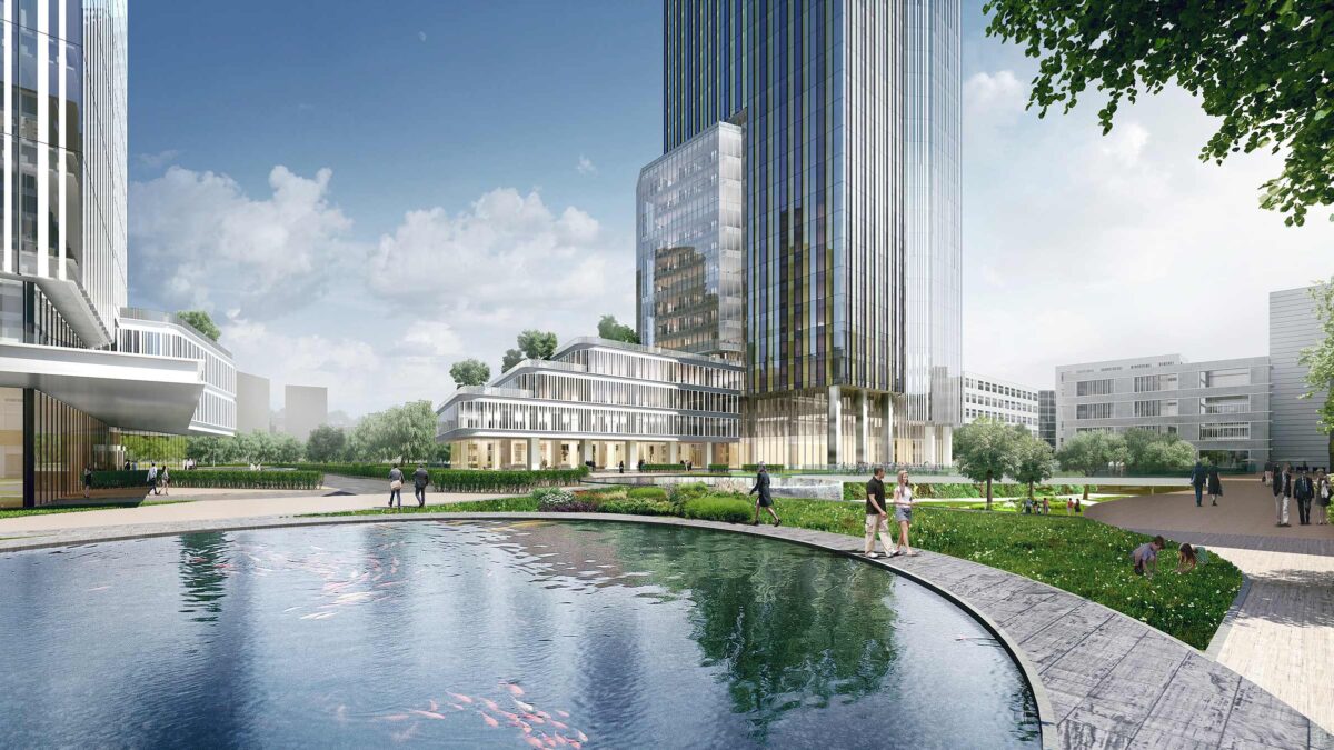 people walking around building near pond and grass